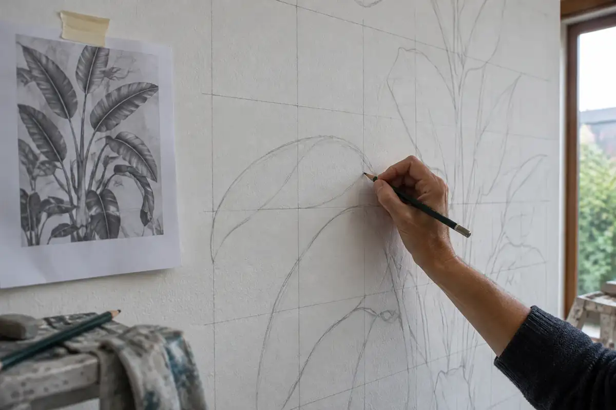Main traçant au crayon un motif végétal sur un mur quadrillé, la maquette scotchée à côté