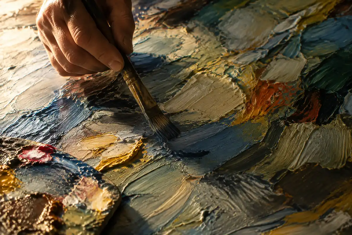 Relief des coups de pinceau d'une peinture en lumière rasante