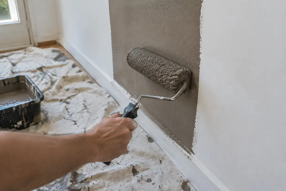 Rouleau posant une bande verticale de peinture gris brun sur un mur blanc, bâche au sol