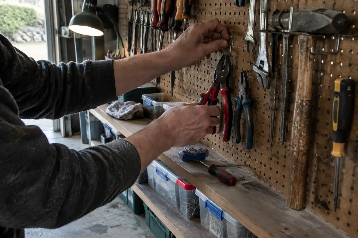 Mur de garage avec un panneau perforé, outils sur crochets et boîtes étiquetées sur une étagère